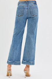 RISEN Full Size Mid Rise Crop Straight Jeans with Taylor Cuffed Plus Size | Jeans Daverri Fashions