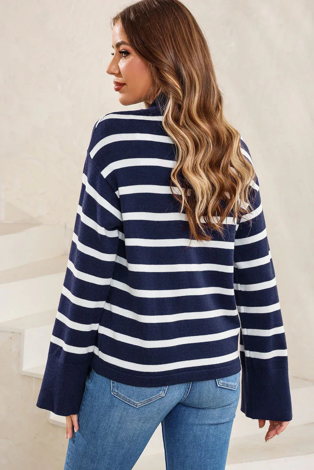 Striped Slit Drop Shoulder Sweater - DAVERRI FASHIONS