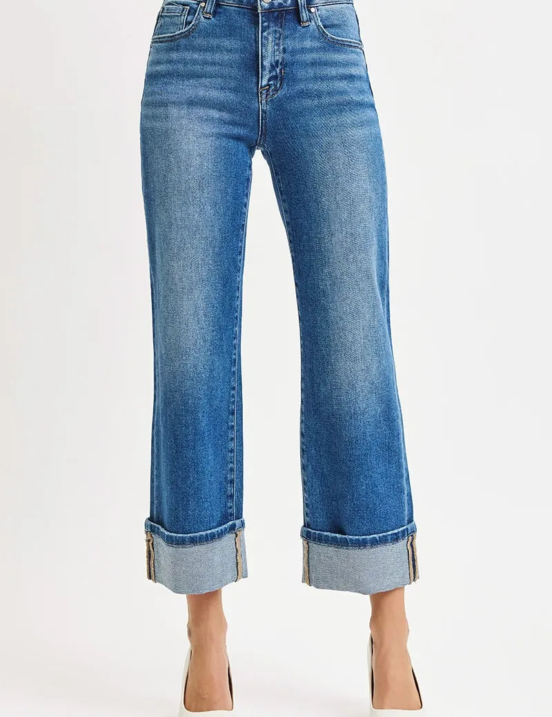 RISEN Full Size Mid Rise Crop Straight Cuffed Jeans Plus Size | Daverri Fashions