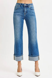 RISEN Full Size Mid Rise Crop Straight Cuffed Jeans Plus Size | Daverri Fashions