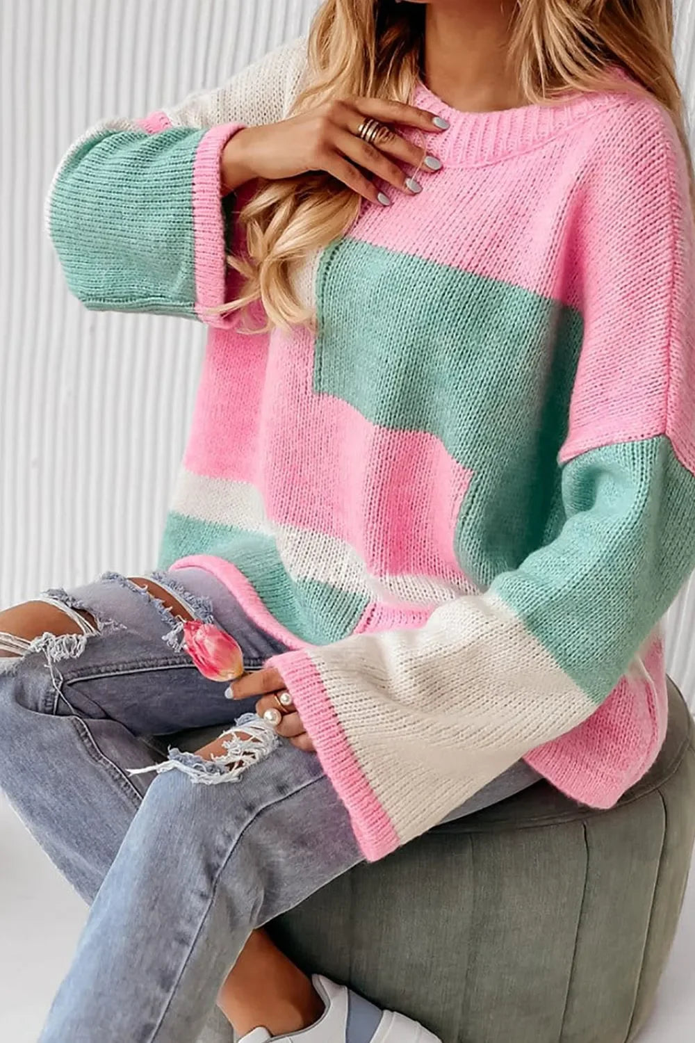 Daverri Fashions pastel colorblock sweater with bell sleeves and ribbed cuffs