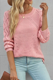 Dusty Pink Hollow-Out Puffy Sleeve Knit Sweater | Sweaters Daverri Fashions