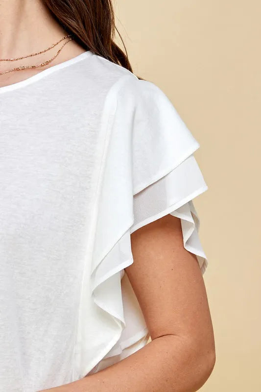 Lime 'N' Chili Round Neck Double Ruffle Cap Sleeve Top | Tops Daverri Fashions