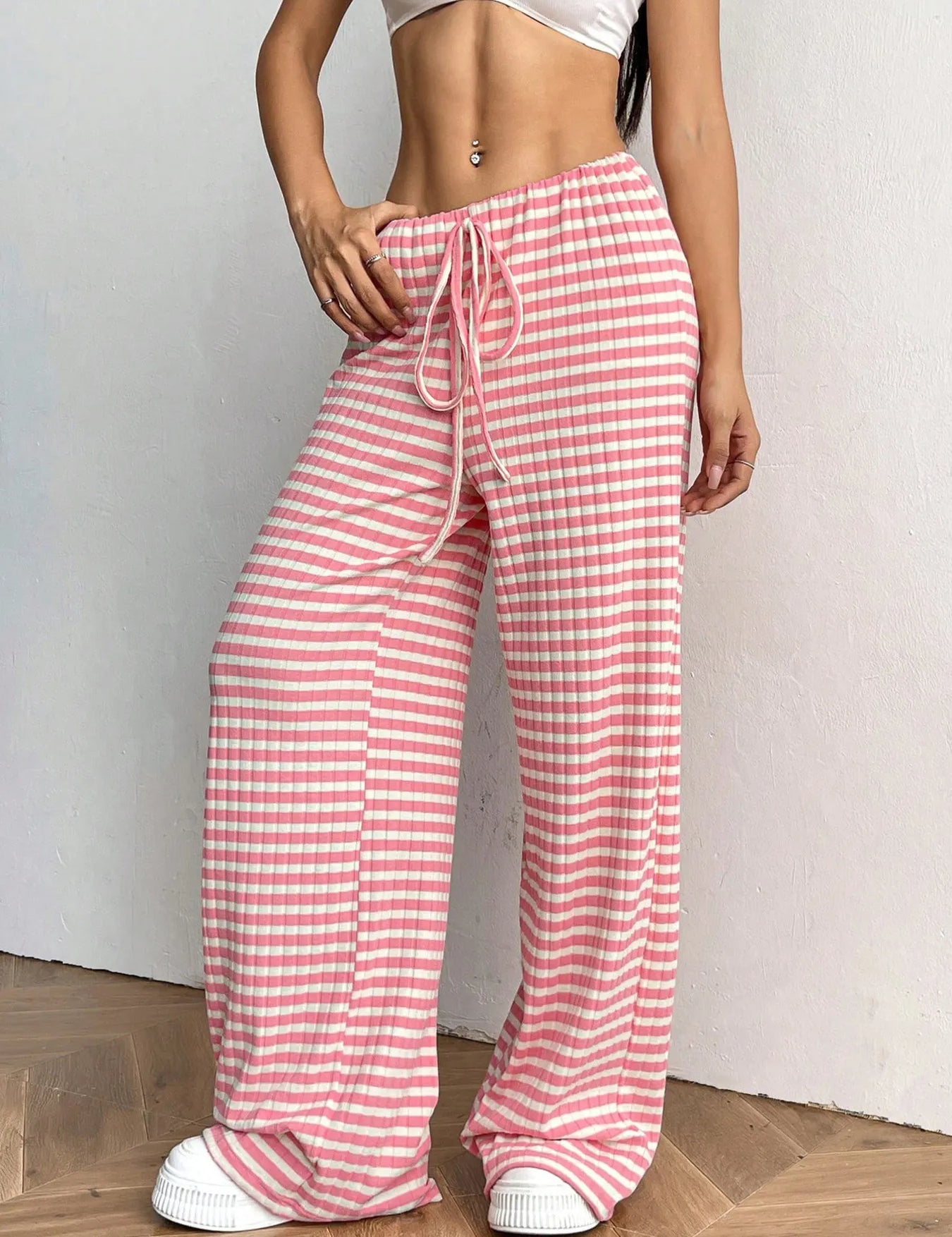 Burnt Coral Striped Wide Leg Drawstring Pants | Loungewear Pants Daverri Fashions