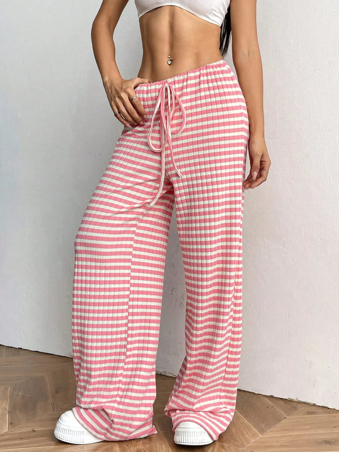 Burnt Coral Striped Wide Leg Drawstring Pants | Loungewear Pants Daverri Fashions