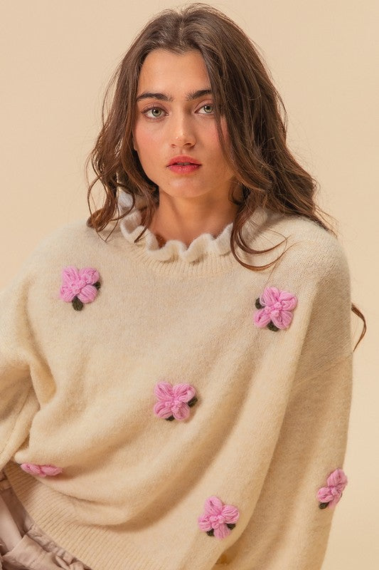 BiBi Ruffled Crochet Flower Dropped Shoulder Sweater Sweaters