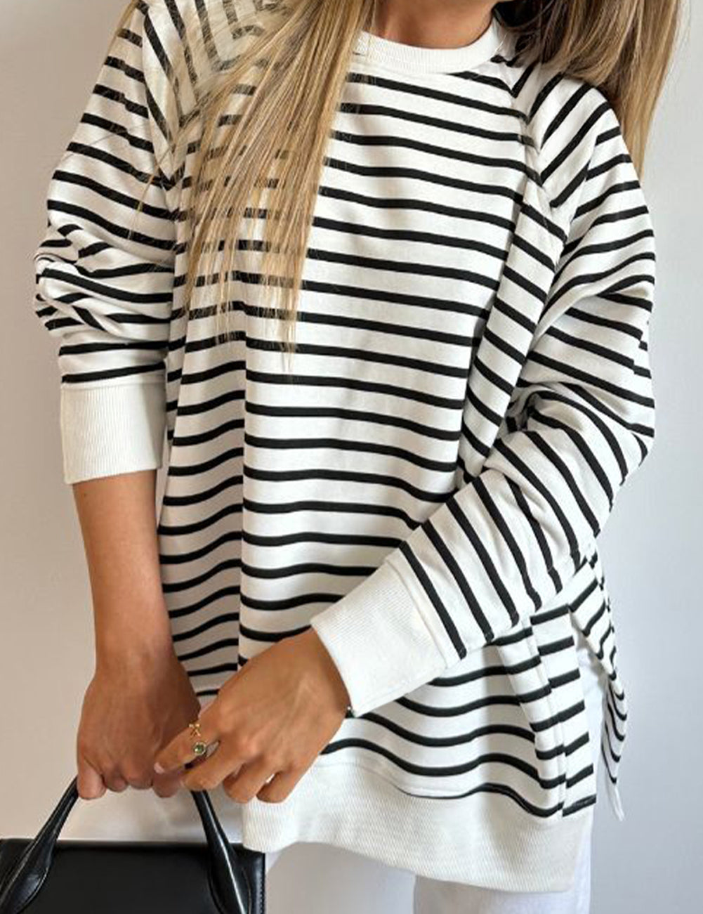 Black Stripe 95%Cotton+5%Elastane Black Stripe Raglan Sleeve Side Slits Loose Sweatshirt | Sweatshirts Daverri Fashions