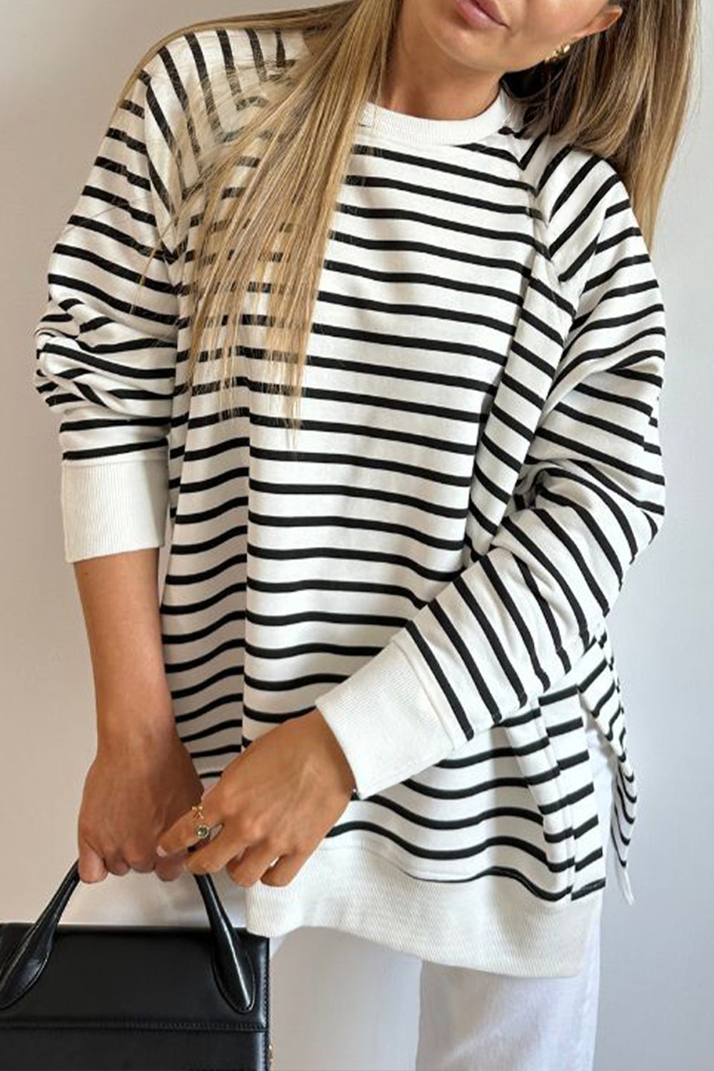 Black Stripe 95%Cotton+5%Elastane Black Stripe Raglan Sleeve Side Slits Loose Sweatshirt | Sweatshirts Daverri Fashions