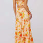 Floral print tie front tiered maxi dress in peach with orange yellow flowers