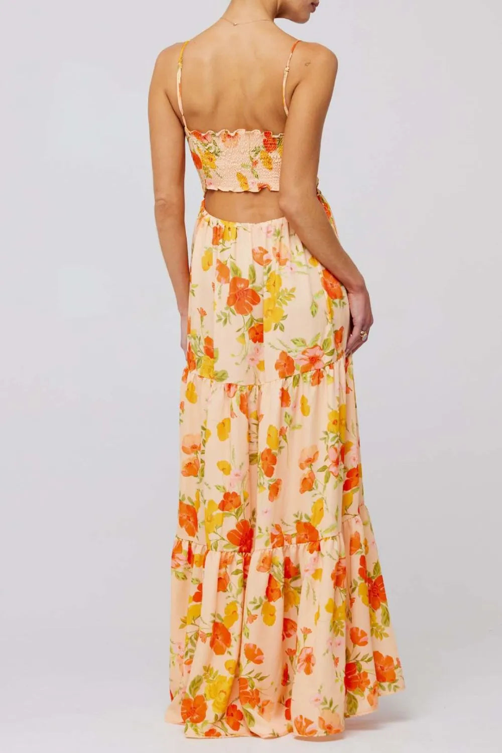 Floral print tie front tiered maxi dress in peach with orange yellow flowers