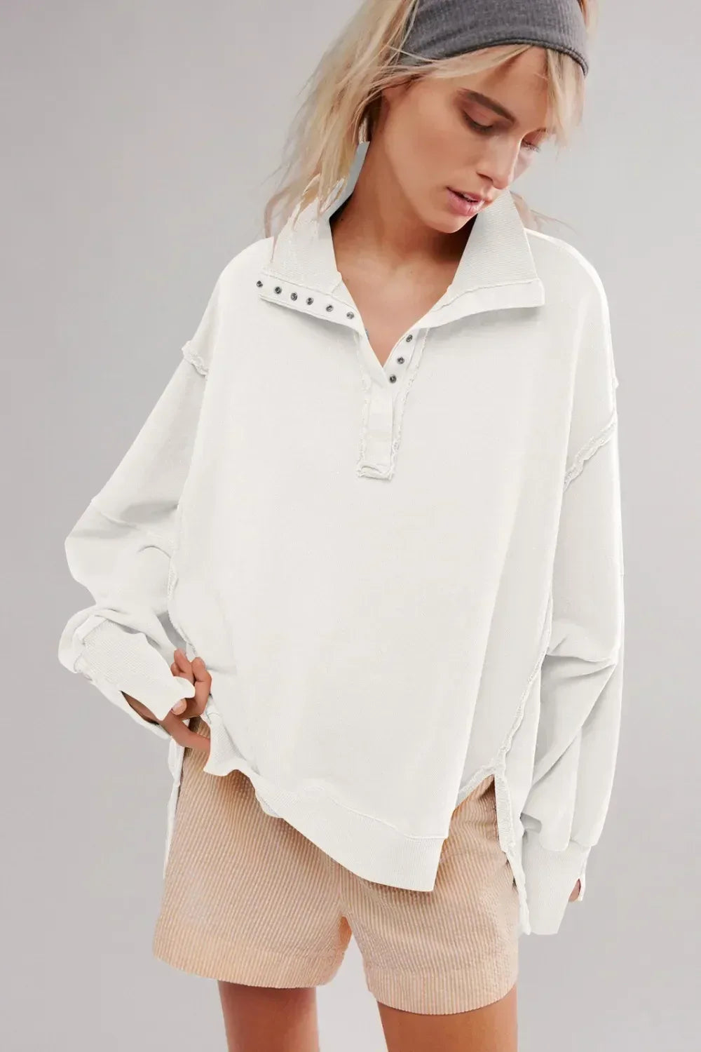 Exposed Seam Side Slit Long Sleeve Sweatshirt - DAVERRI FASHIONS