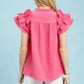 Umgee textured ruffle sleeve notched top in vibrant pink with gathered shoulders