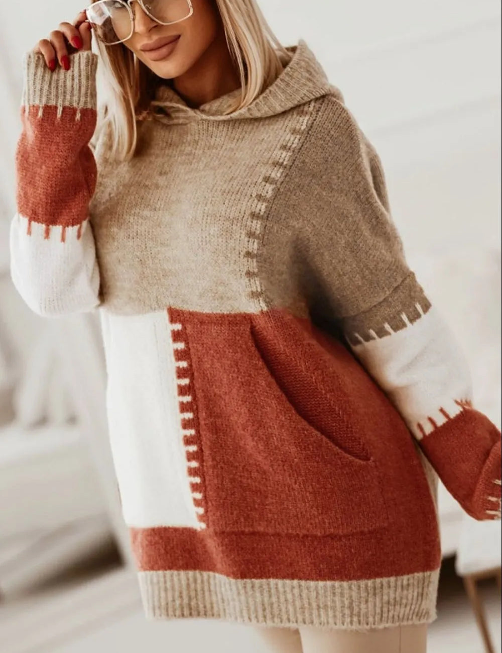Brown rust color block kangaroo pocket hooded sweater
