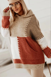Brown rust color block kangaroo pocket hooded sweater