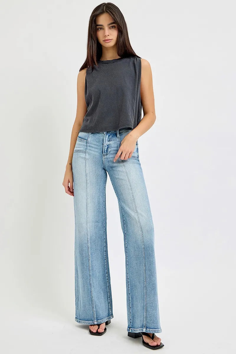 RISEN Full Size Mid Rise Wide Jeans with Front Patch Pockets Jeans