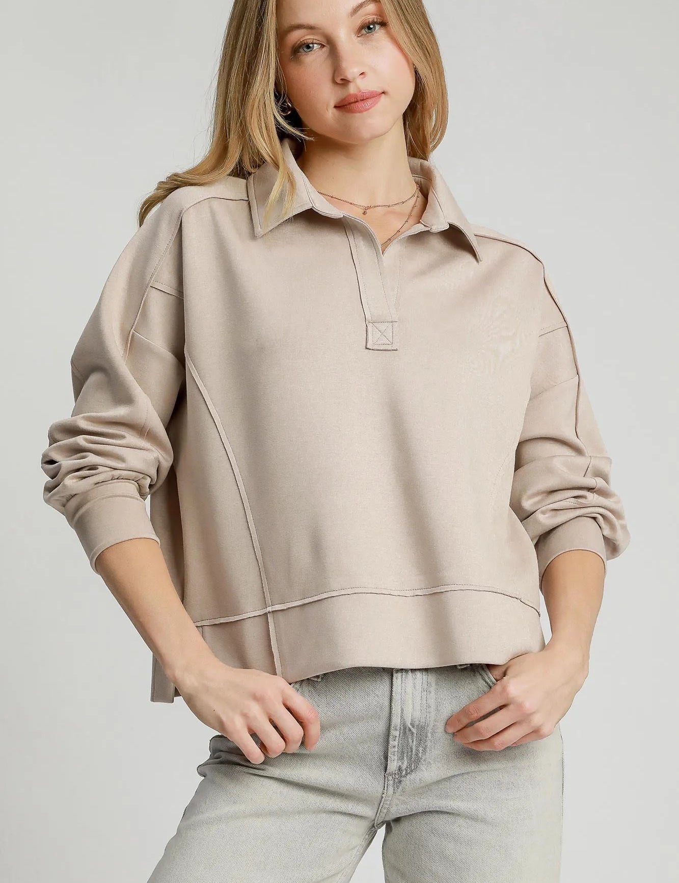 STONE Umgee Exposed Seam Long Sleeve Polo Top with Side Slit | Tops Daverri Fashions