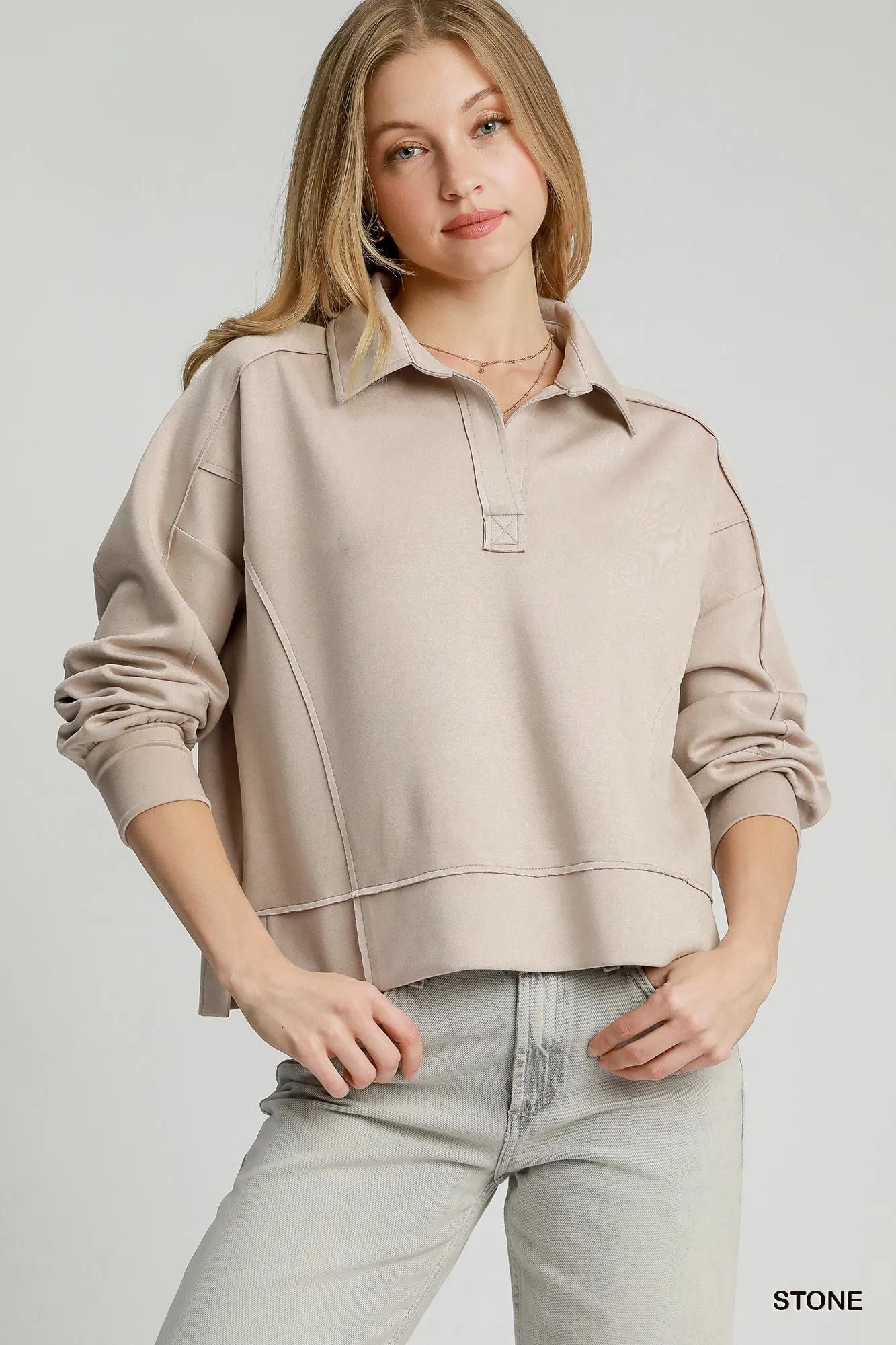 Umgee Exposed Seam Long Sleeve Polo Top with Side Slit STONE