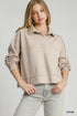 Umgee Exposed Seam Long Sleeve Polo Top with Side Slit STONE