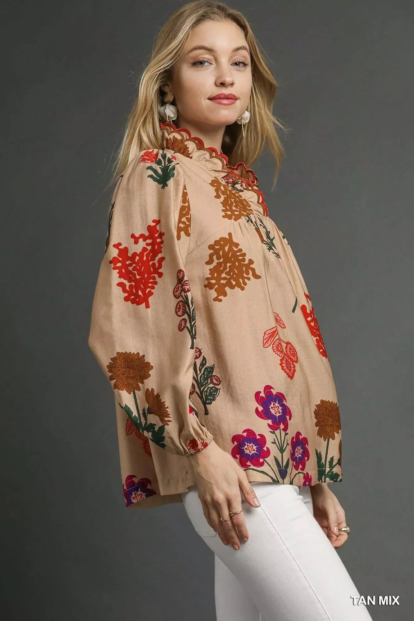 Umgee Flower Print Blouse with Scalloped Neckline - DAVERRI FASHIONS