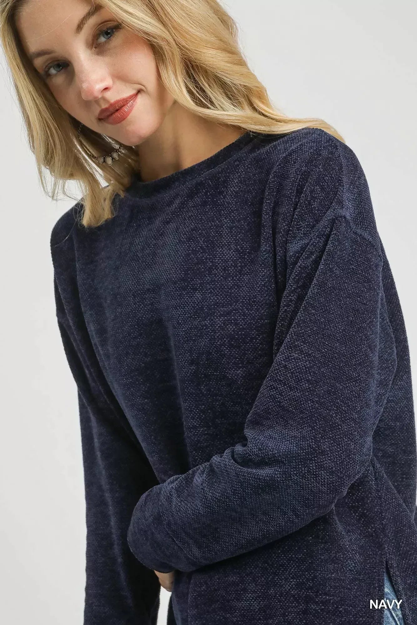 Umgee Round Neck Long Sleeve Side Slit Top - DAVERRI FASHIONS