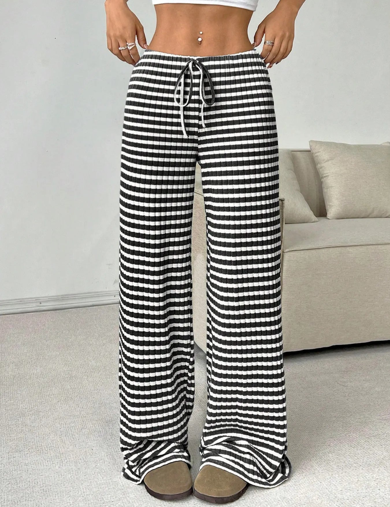 White Striped Wide Leg Drawstring Pants | Loungewear Pants Daverri Fashions