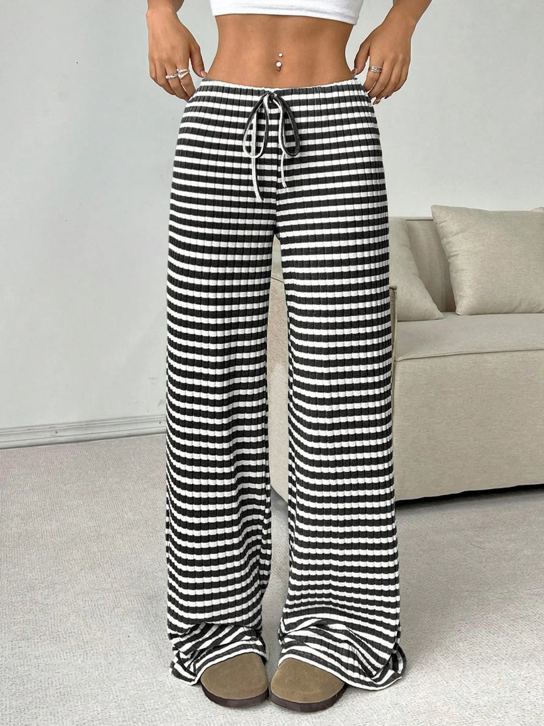 White Striped Wide Leg Drawstring Pants | Loungewear Pants Daverri Fashions