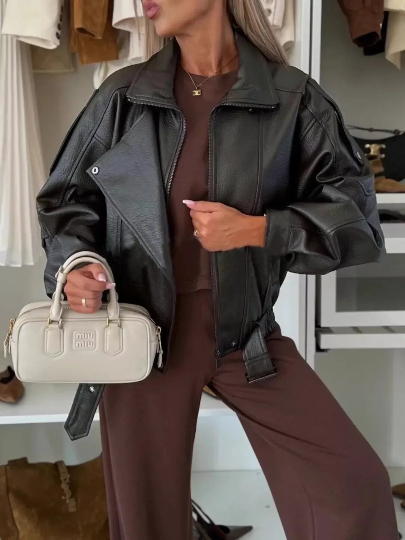 Faux Leather Zip Up Moto Jacket - DAVERRI FASHIONS