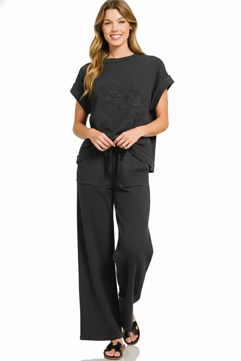Zenana Cotton Slub short sleeve tee and wide-leg pants set