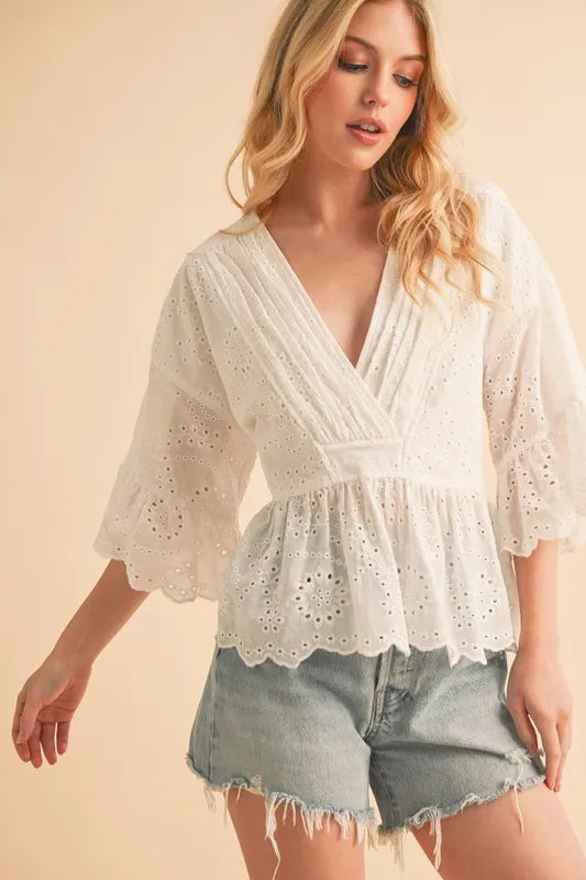 Aemi+Co Flounce Sleeve Eyelet Peplum Top