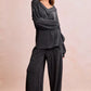 Dark gray BiBi ribbed knit V-neck top and wide-leg pants set
