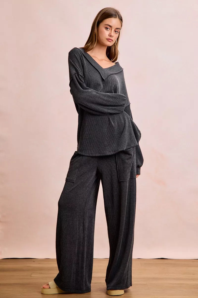 Dark gray BiBi ribbed knit V-neck top and wide-leg pants set