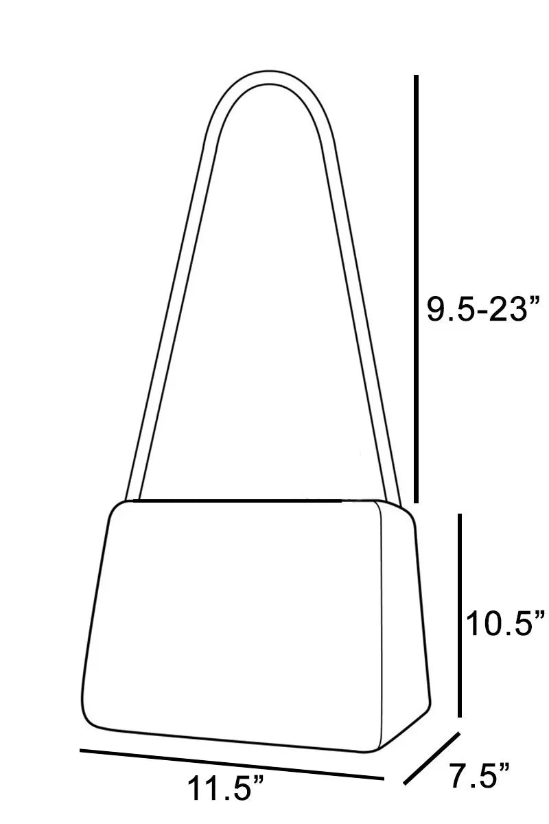 Minimalist line drawing of Fame Studded Leather Bucket Bag with dimensions