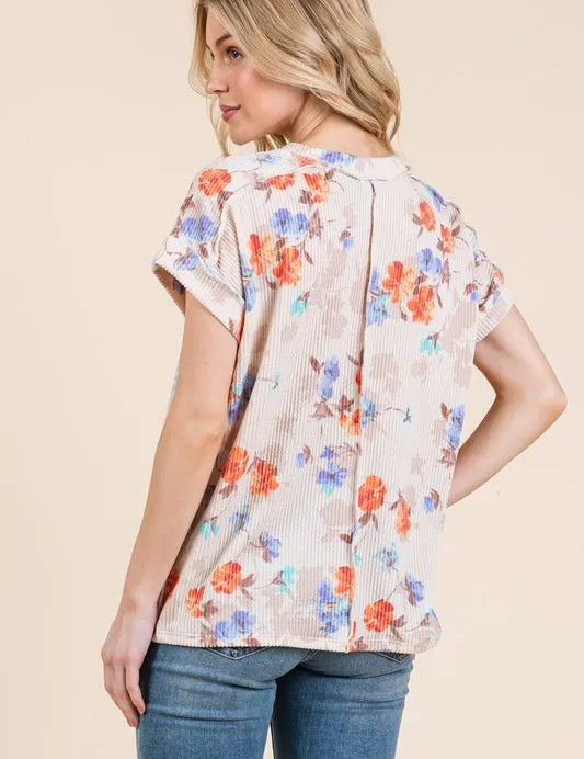 BOMBOM Floral Round Neck RIbbed T-Shirt | Daverri Fashions