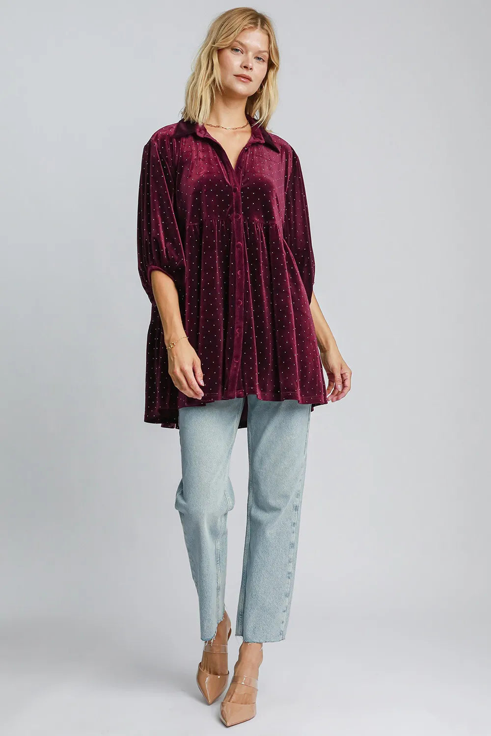 Umgee Full Size Polka Dot Button Up Half Sleeve Shirt | Daverri Fashions