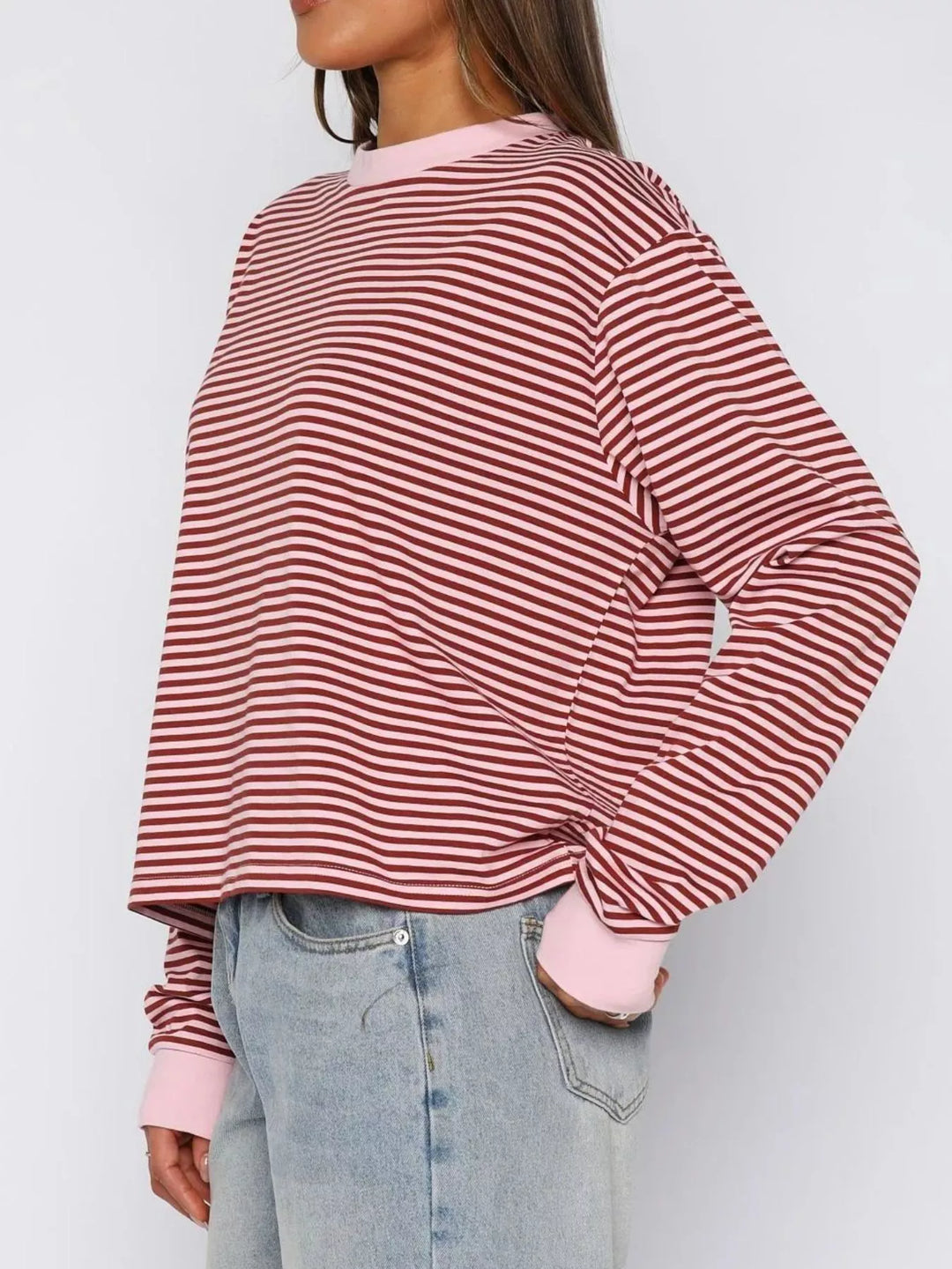 Striped Oversized Round Neck Sweatshirt | Sweatshirts Daverri Fashions