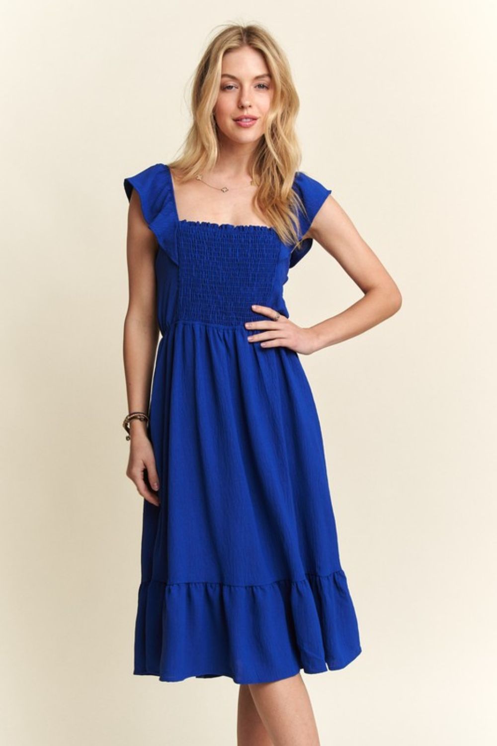 ADORA Smocked Square Neck Ruffled Cap Sleeve Dress Dresses