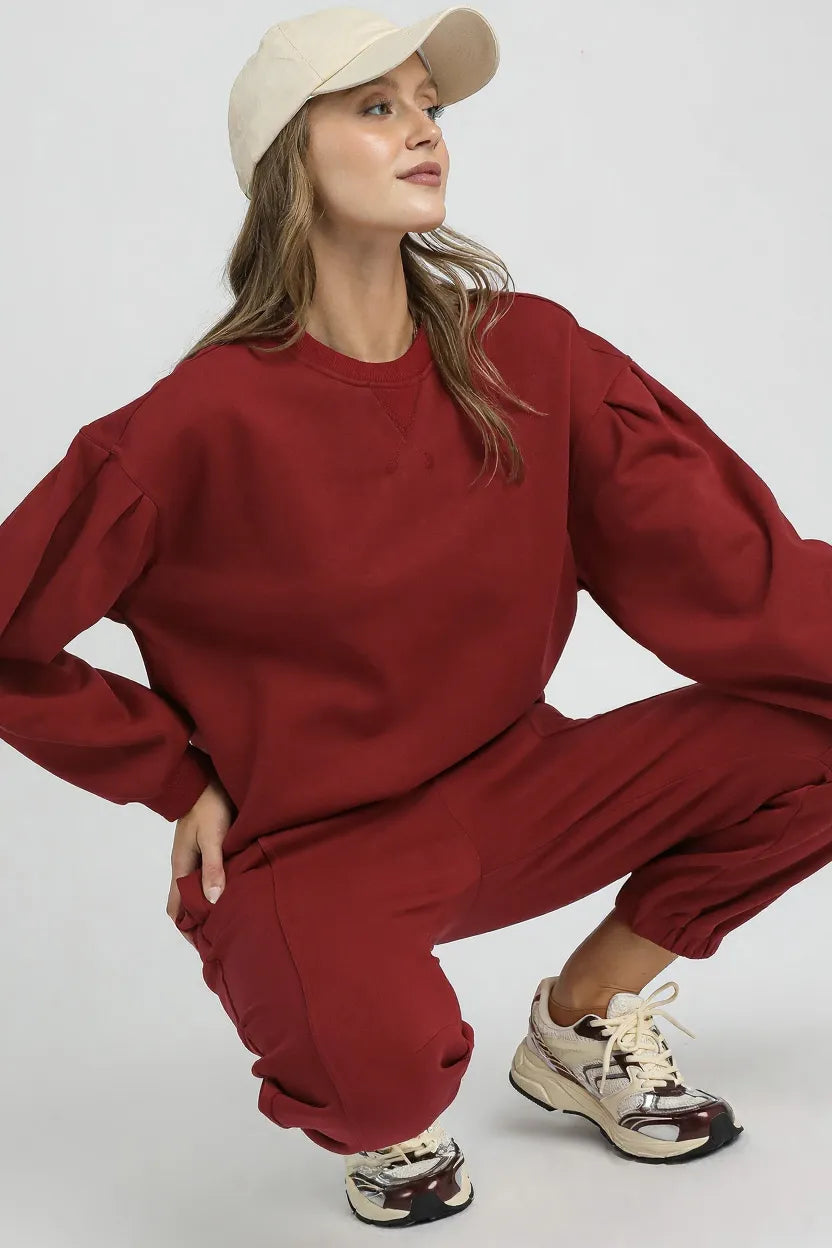 Umgee Round Neck Sweatshirt with Pleated Detail Sweatshirts