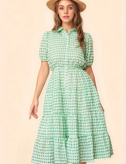 Davi & Dani Checkered Puff Sleeve Tiered Shirt Dress | Knee Length Dresses Daverri Fashions