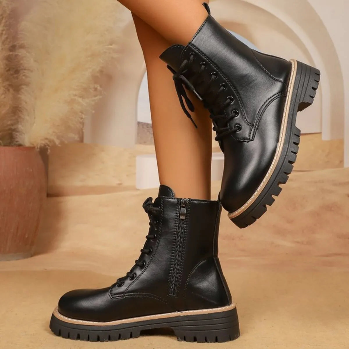 Lace Up Leather Combat Boots with Chunky Sole | Boots Daverri Fashions