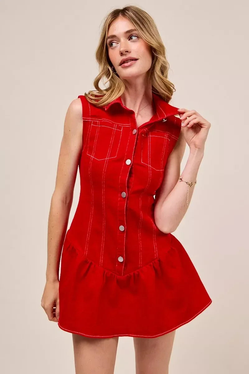 SO ME Button Down Sleeveless Collared Game Day Mini Dress - DAVERRI FASHIONS