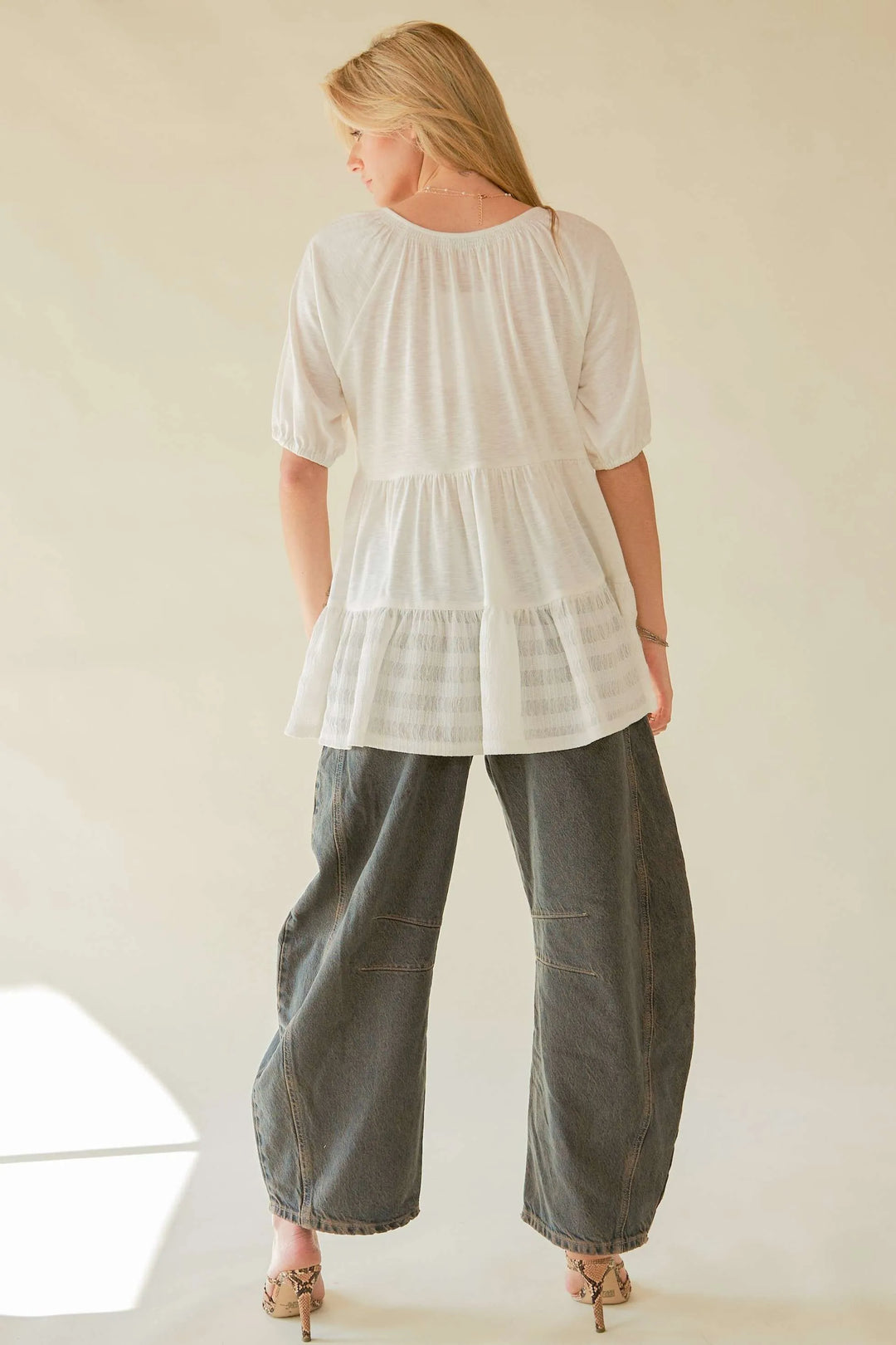 Davi & Dani Ruffled Flared Short Sleeve V Neck Blouse Blouses