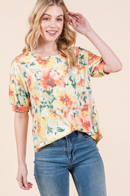 Orange Mix BOMBOM Floral Round Neck Puff Sleeve Top | Tops Daverri Fashions