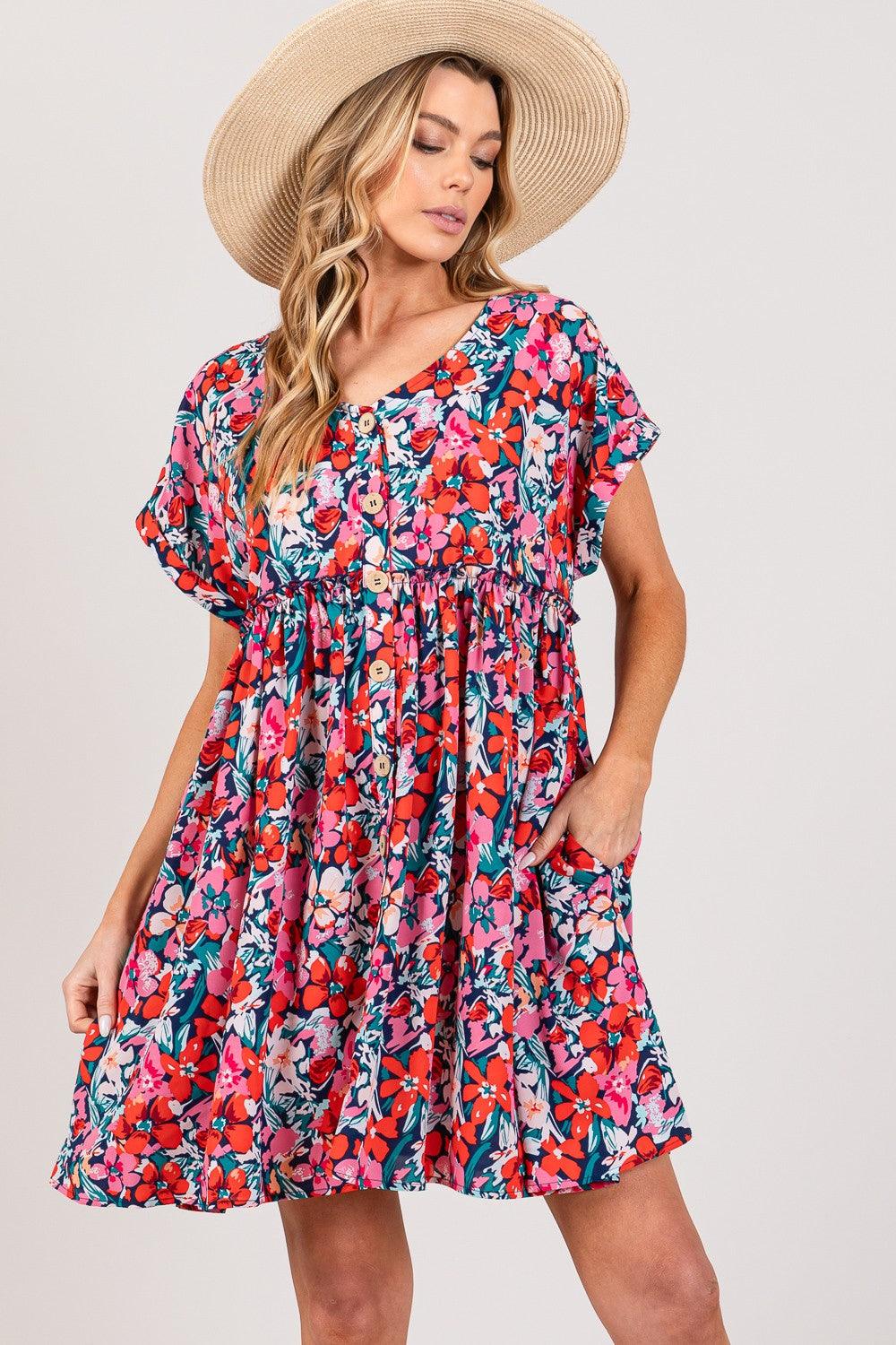 SAGE + FIG Floral Button Down Short Sleeve Mini Dress Multi S Mini Dresses
