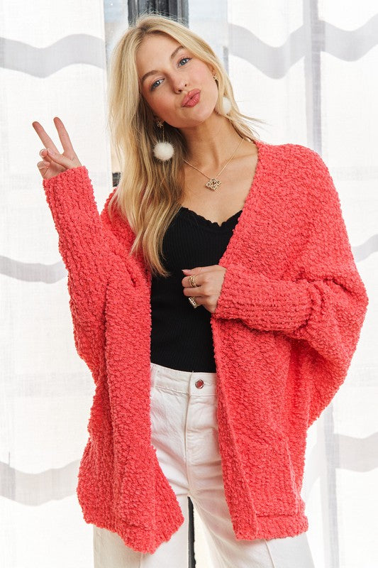 ADORA Popcorn Knit Open Front Long Sleeve Cardigan Tops