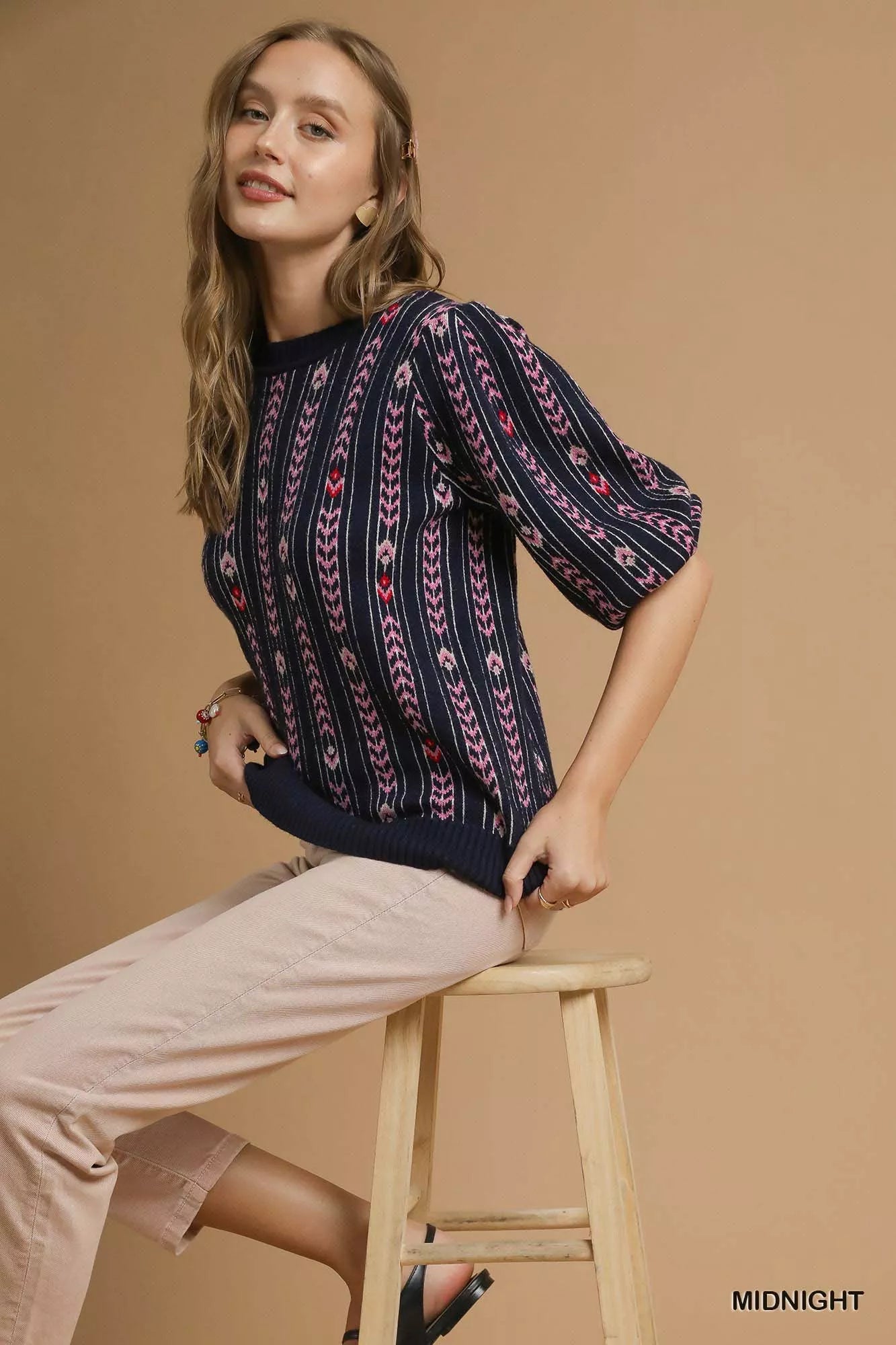Umgee Jacquard Knit Puff Sleeve Sweater | Sweaters Daverri Fashions