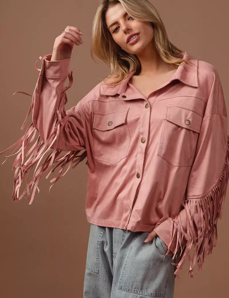 BLUSH BiBi Suede Fringe Long Sleeve Jacket | Jackets Daverri Fashions
