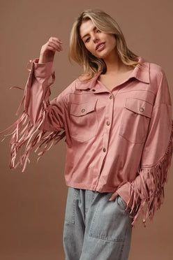 BiBi Suede Fringe Long Sleeve Jacket - DAVERRI FASHIONS
