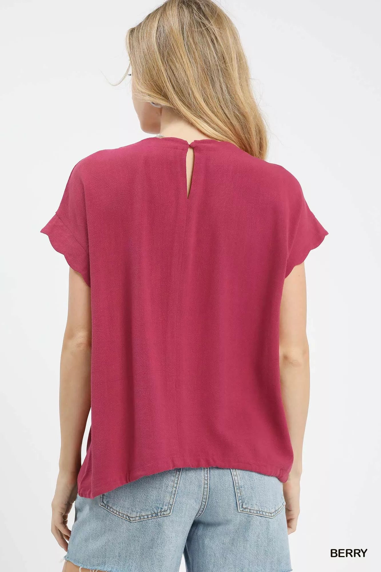 Berry-colored lightweight chiffon Umgee top with flutter sleeves