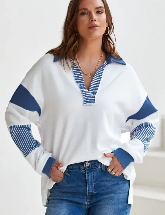 Daverri Fashions Color Block Johnny Collar Long Sleeve Sweatshirt - DAVERRI FASHIONS