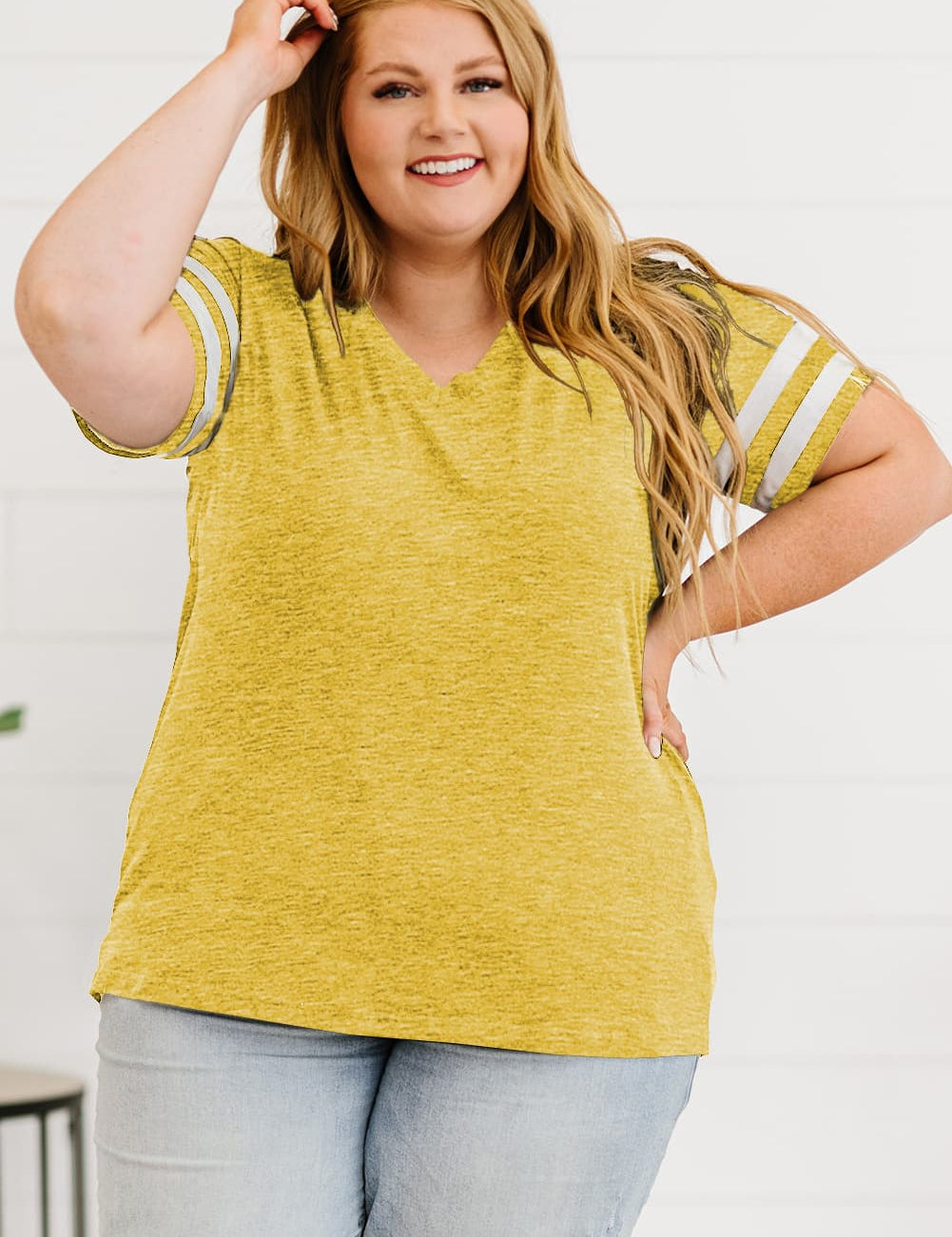 Mustard Plus Size Striped V-Neck Tee Shirt | T-Shirts Daverri Fashions